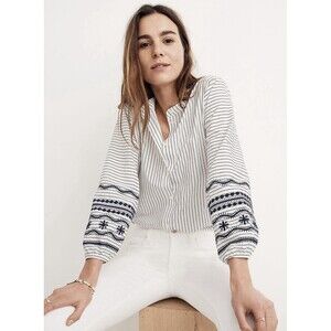 Madewell Size XS Striped Embroidered-Sleeve Button Up Shirt Boho Peasant Office